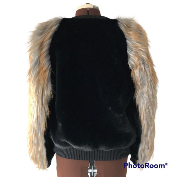 Mob Mom Black Plush Teddy Bomber with Faux Fox Sleeves - Picture 3 of 8